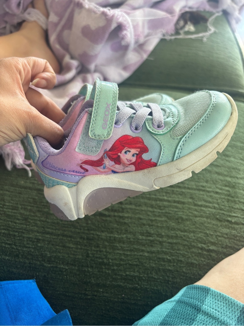 Geox Kids Light-Up Sneaker in Mint and Lavender with Ariel Graphic